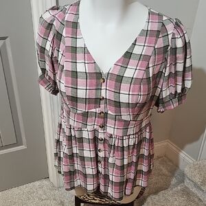 Plaid Button-Front Peplum Tunic - Pink & Olive